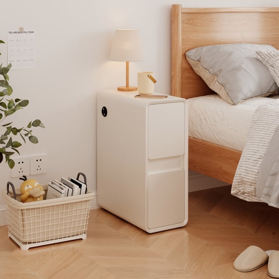 BOSHIRO 8" Narrow Faux Leather Nightstand with 2 Drawers, Fully Assembled Small Bedside Table, Modern End Table for Bedroom, White