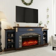 BOSHIRO 80" Blue Electric Fireplace with Mantel, TV Stand Fits 90" TVs, 30" Insert Heater