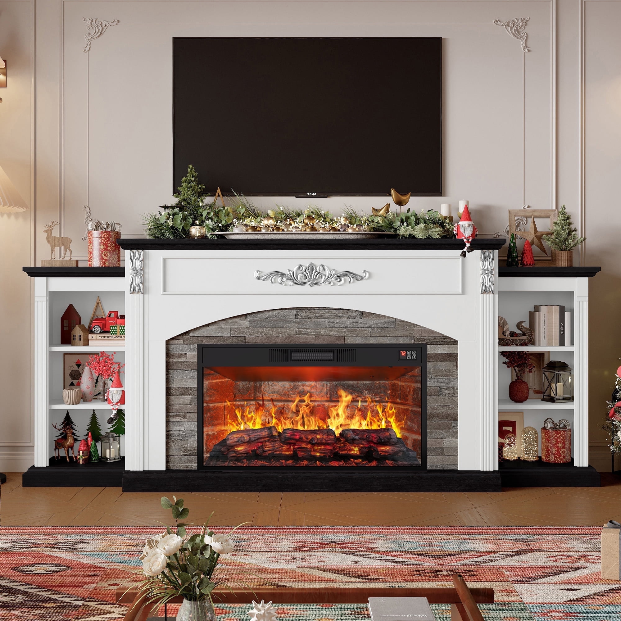 BOSHIRO 80" Electric Fireplace with Mantel and Cabinets, Fireplace TV Stand for Living Room Bedroom