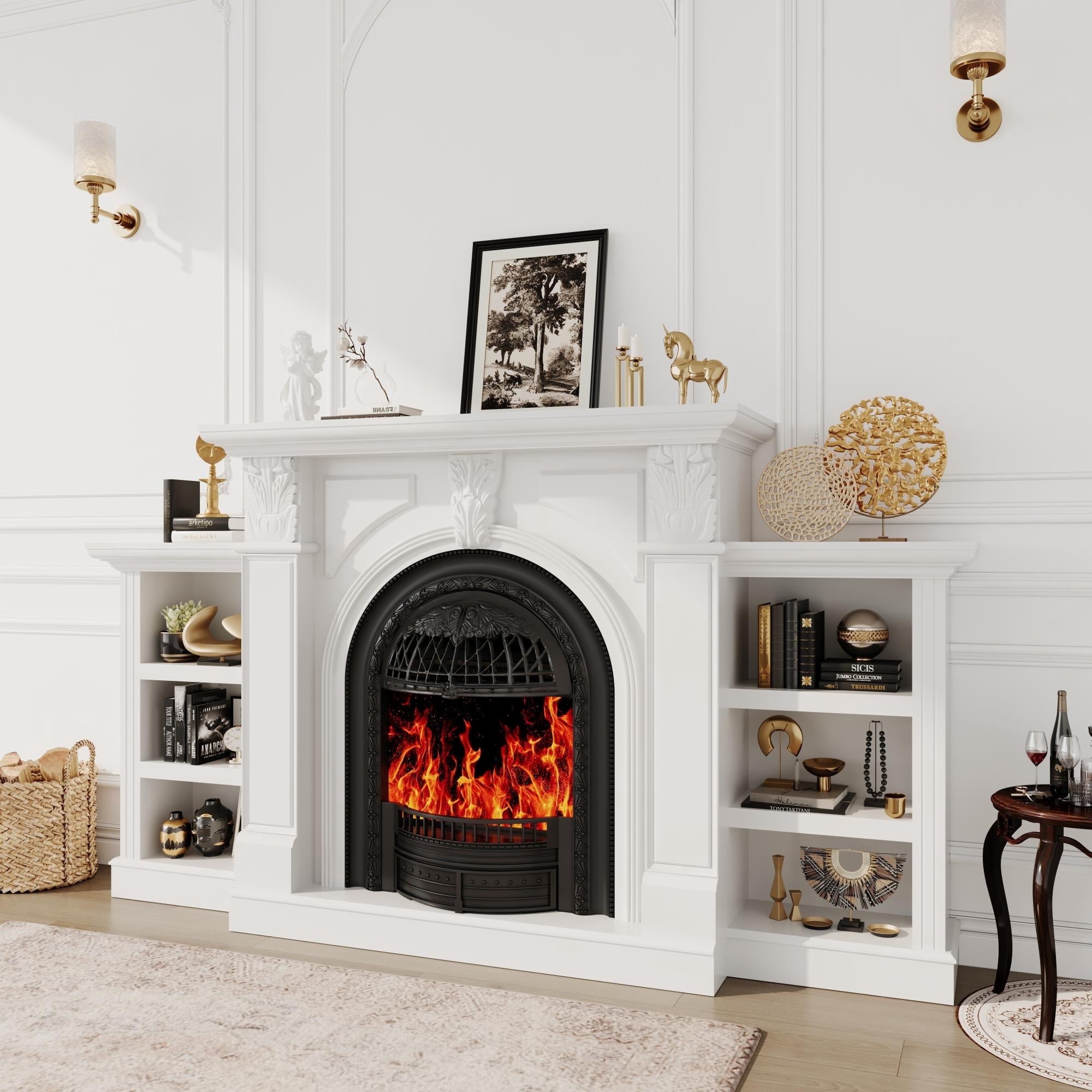 BOSHIRO 80" Fireplace TV Stand for TVs up to 90", Electric Fireplace with Mantel and Cabinets for Living Room, Bedroom