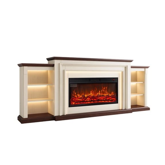 BOSHIRO 90" Electric Fireplace with Mantel, LED Entertainment Center with Storage, 36'' Fireplace Heater with 3D Flame Effect for Living Room
