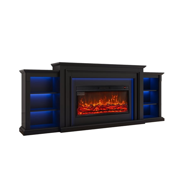 BOSHIRO 90" Fireplace TV Stand for TVs up to 100", Entertainment Center with 36" Electric Fireplace, LED Lights and Storage Cabinets, Black