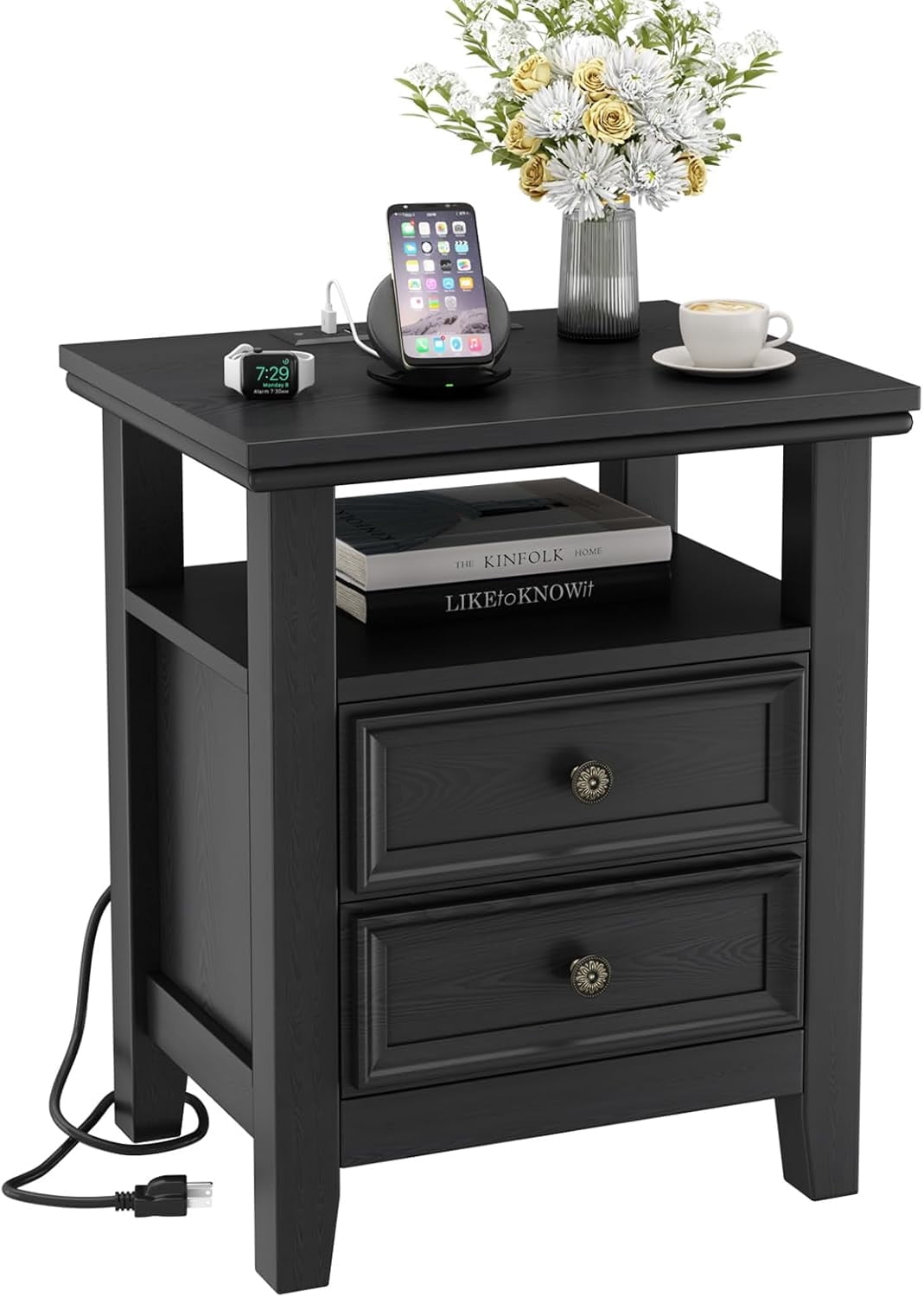 BOSHIRO Black Nightstand with Charging Station, 2-Drawer Modern Bedside End Table with USB Ports & AC Outlets, Night Stand with Open Shelf