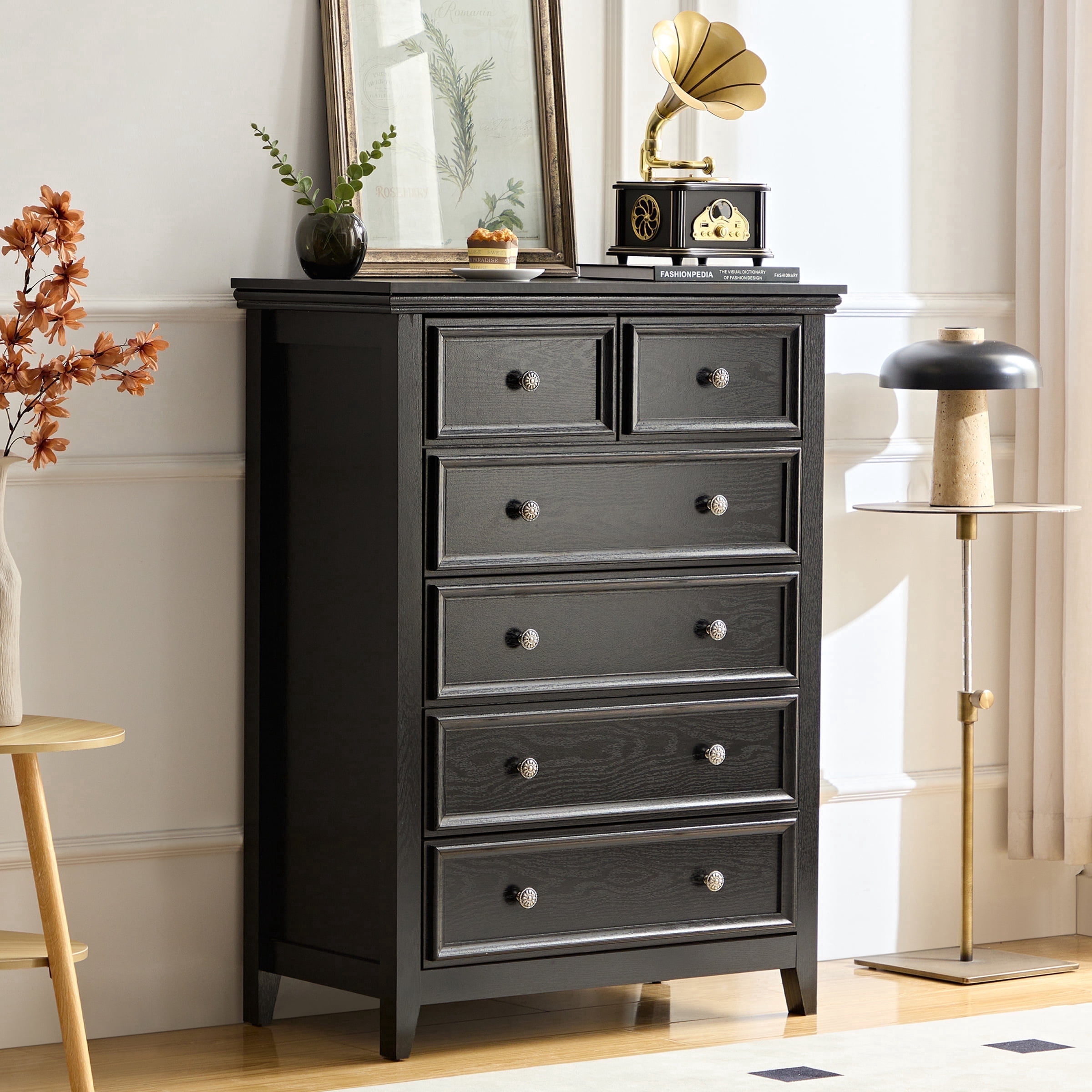 BOSHIRO Dresser for Bedroom, 6 Drawer Wood Chest of Drawers, Storage Dressers Clothes Organizer for Closet, Living Room, Dining Room