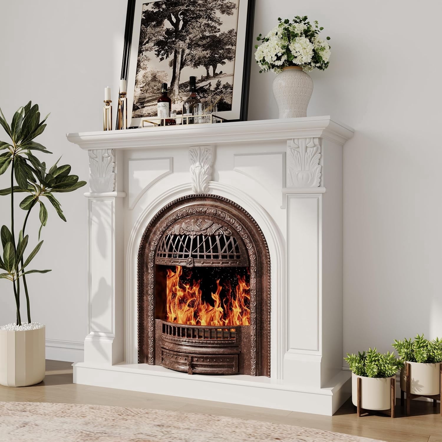 BOSHIRO Electric Fireplace with Mantel, 48 Inch Fireplace Tv Stand with Birdcage Fireplace Heater for Bedroom, Entryway Decor