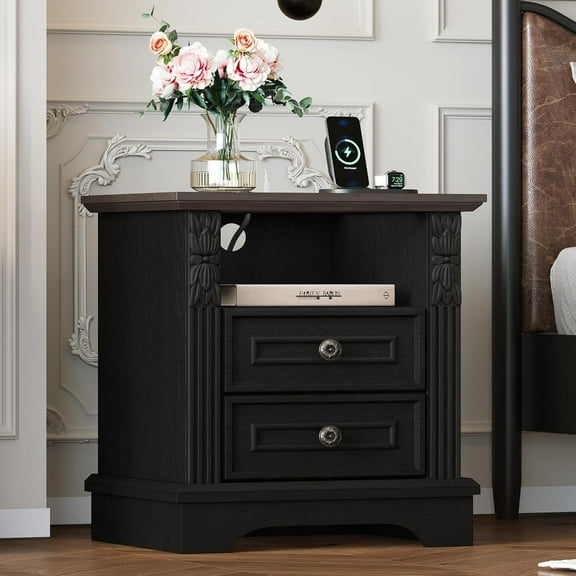 BOSHIRO Farmhouse Nightstand with Charging Station, Black & Brown Bedside End Table with Carved Pilasters, 2 Drawers and Open Shelf for Bedroom
