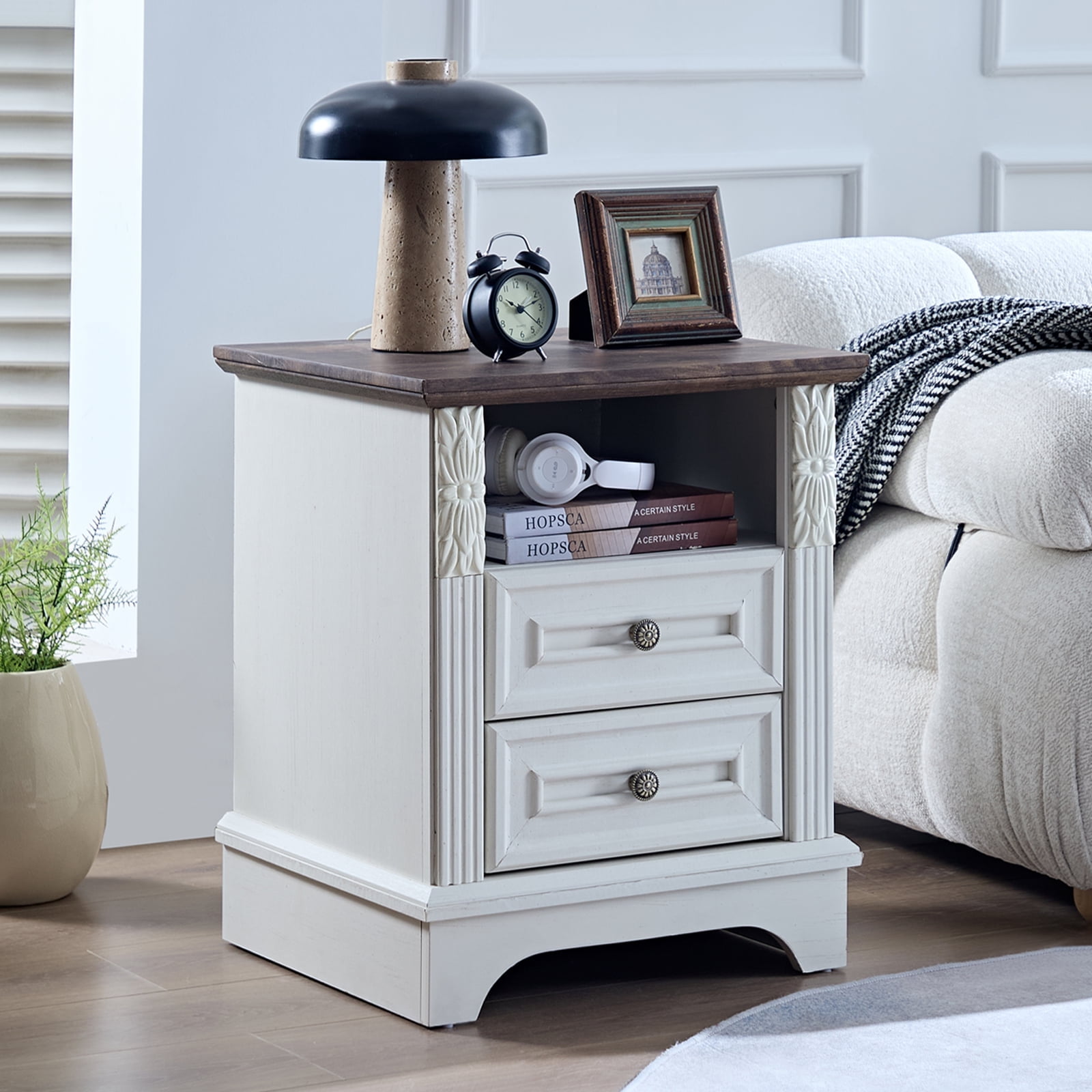 BOSHIRO Farmhouse Side Table with Charging Station, 2 Drawer Nightstand for Bedroom, Carved Design, Antique White