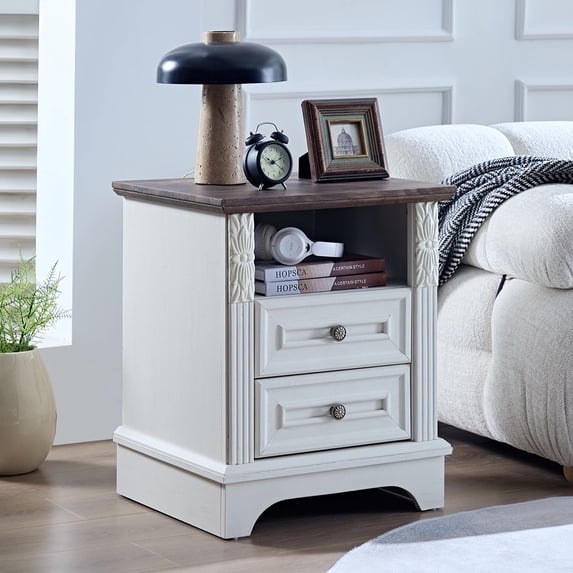 BOSHIRO Farmhouse Side Table with Charging Station, 2 Drawer Nightstand for Bedroom, Carved Design, Antique White