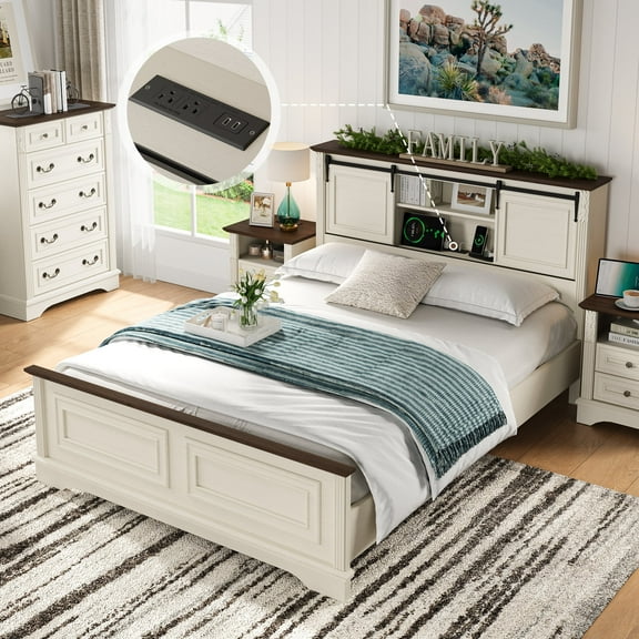 BOSHIRO Queen Size Bed Frame with Charging Station, Bookcase Headboard with Sliding Barn Doors, Farmhouse Platform with Bracket Footboard, Noiseless, No Box Spring Needed, Antique White