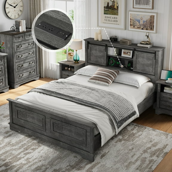 BOSHIRO Queen Size Bed Frame with Charging Station, Farmhouse Headboard with Sliding Barn Doors and Storage, Platform Design with Bracket Footboard, Noiseless, No Box Spring Required, Grey