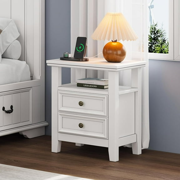 BOSHIRO White Nightstand with Charging Station, 2-Drawer Modern Bedside Table with USB Ports & AC Outlets, End Table with Open Shelf for Bedroom and Living Room