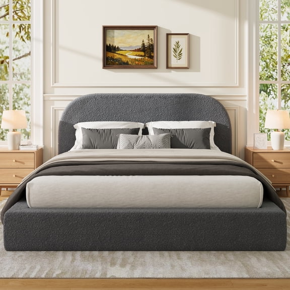 BOSHIRO Queen Size Upholstered Bed Frame, Bed Frame with Soft Headboard, No Box Spring Needed, Gray
