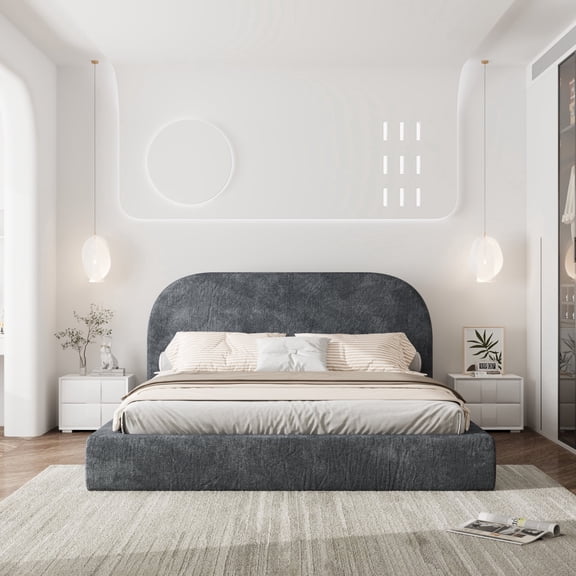 BOSHIRO Queen Size Upholstered Bed Frame, Bed Frame with Soft Headboard, No Box Spring Needed, Gray