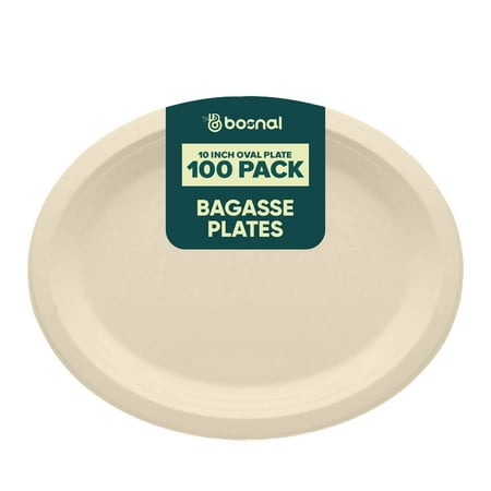 BOSNAL 10 Inch Oval Bagasse Plates (100 Pack) – Compostable, Biodegradable & Eco-Friendly Disposable Dinner Plates for Parties, Events & Catering