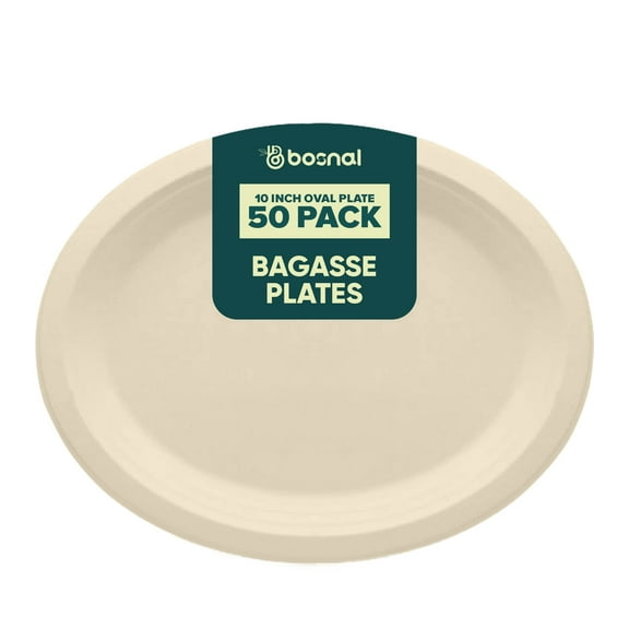BOSNAL 10 Inch Oval Bagasse Plates (50 Pack) – Compostable, Biodegradable & Eco-Friendly Disposable Dinner Plates for Catering, Parties & Events