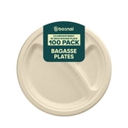 BOSNAL 10 Inch Round 3-Compartment Bagasse Plates 100 Pack   Compostable, Biodegradable & Eco-Friendly Disposable Plates for Parties, Catering & Meals