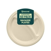 BOSNAL 10 Inch Round 3-Compartment Bagasse Plates 50 Pack   Compostable, Biodegradable & Eco-Friendly Disposable Plates for Parties, Catering & Meals