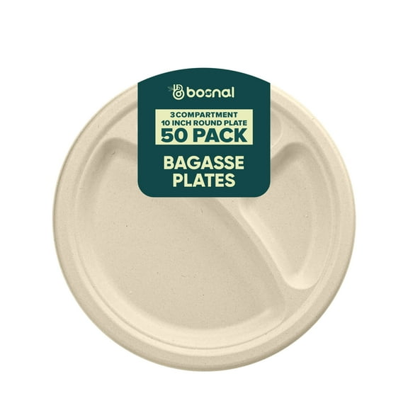 BOSNAL 10 Inch Round 3-Compartment Bagasse Plates (50 Pack)  Compostable, Biodegradable & Eco-Friendly Disposable Plates for Parties, Catering & Meals