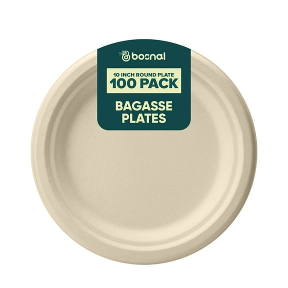 BOSNAL 10 Inch Round Bagasse Plates (100 Pack) Compostable, Biodegradable & Eco-Friendly Disposable Dinner Plates for Parties, Events & Catering