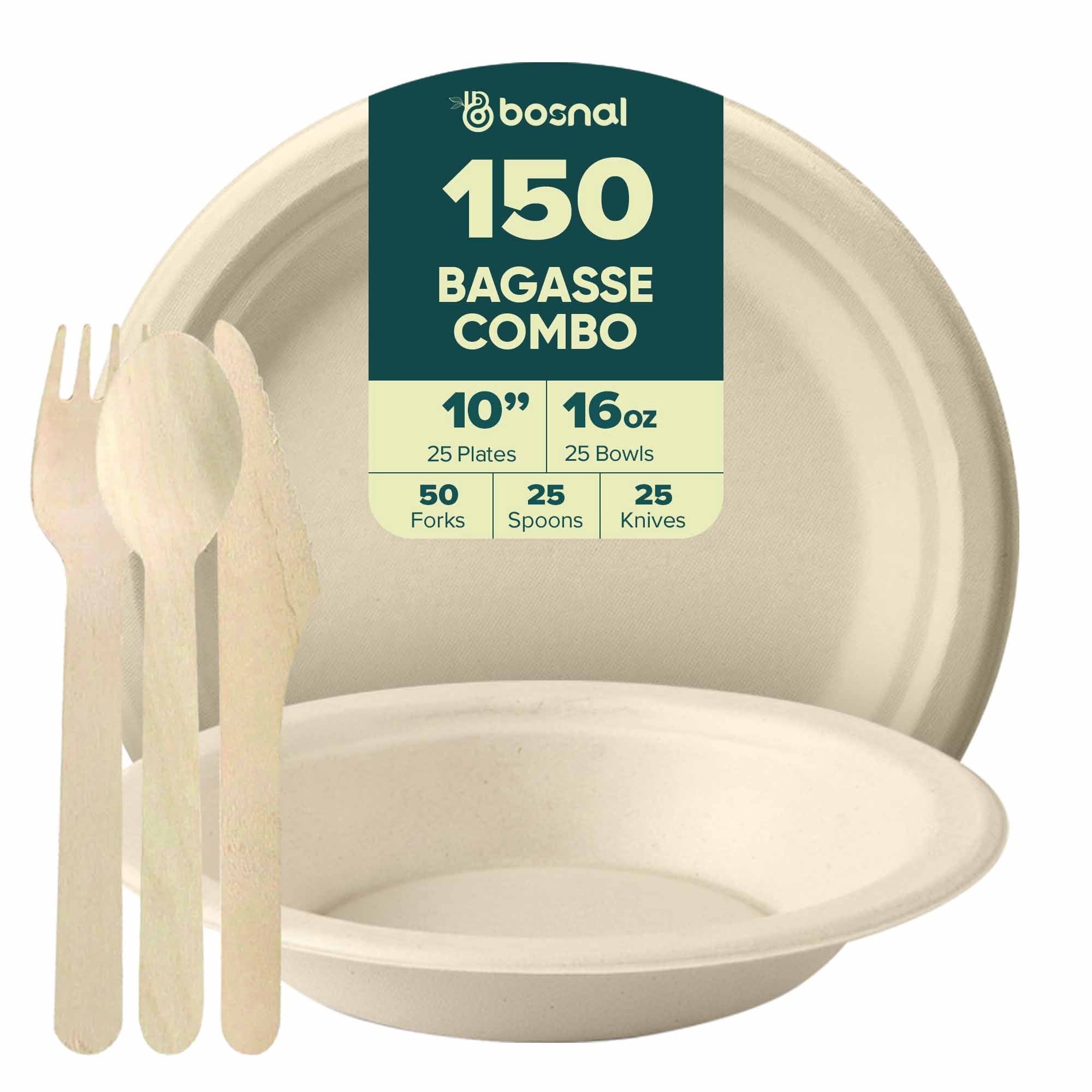 BOSNAL 10 inch Round Bagasse Plates and 16 oz Bowls with Cutlery – Compostable, Biodegradable & Eco-Friendly Disposable Tableware for Parties, Catering & Events