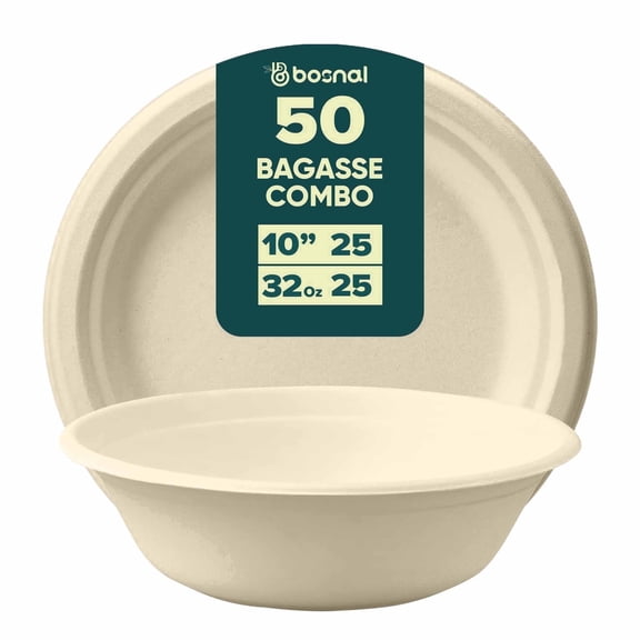 BOSNAL 10 inch Round Bagasse Plates with 32 oz Bowls Compostable, Biodegradable & Eco-Friendly Disposable Tableware for Parties, Catering & Events