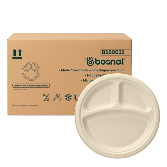 BOSNAL 10 inch 3 Compartment Round Compostable Dinner Plates, Case of 20 Packs (500 Pcs) Sugarcane Bagasse Disposable Plates for Hot and Cold Meals