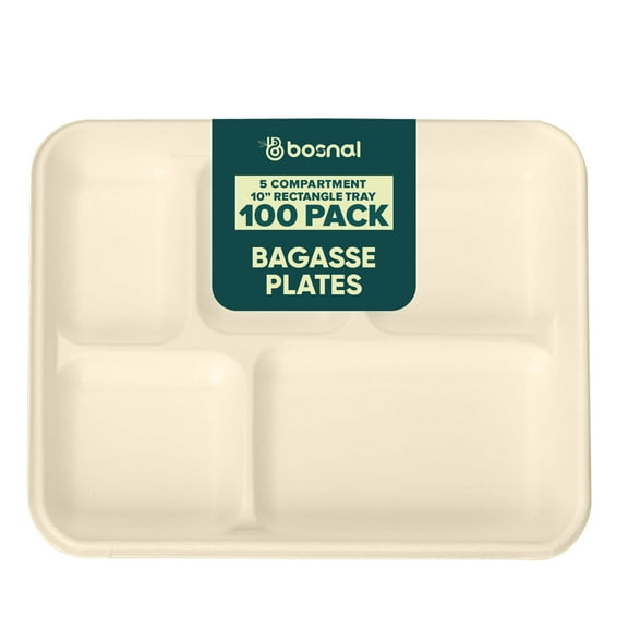 BOSNAL 5 Compartment Bagasse Tray (100 Pack) Compostable, Biodegradable & Eco-Friendly Disposable Meal Trays for Catering, Parties & Events
