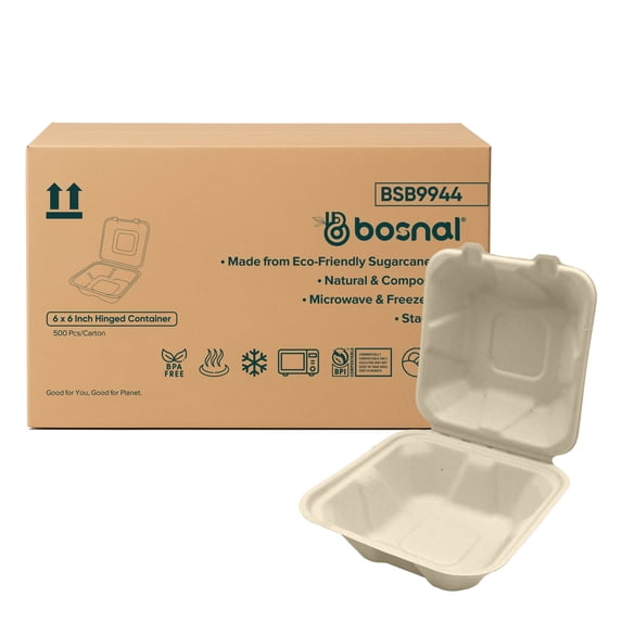 BOSNAL 6 inch Compostable Clamshell Boxes - Bulk Box of 500 Pcs (20 Sets of 25), 100% Bagasse, Eco-Friendly Disposable Takeout Containers for Hot & Cold Foods, Microwave Safe