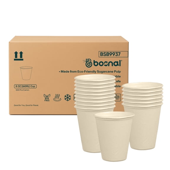 BOSNAL Compostable Drinking Cups, 8 oz Capacity, Bulk Box of 500, Sugarcane Bagasse Disposable Cups for Hot and Cold Drinks