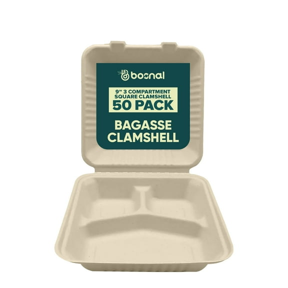 BOSNAL 9 Inch 3-Compartment Bagasse Clamshell Containers (50 Pack) Compostable, Biodegradable & Eco-Friendly Takeout & Meal Prep Containers