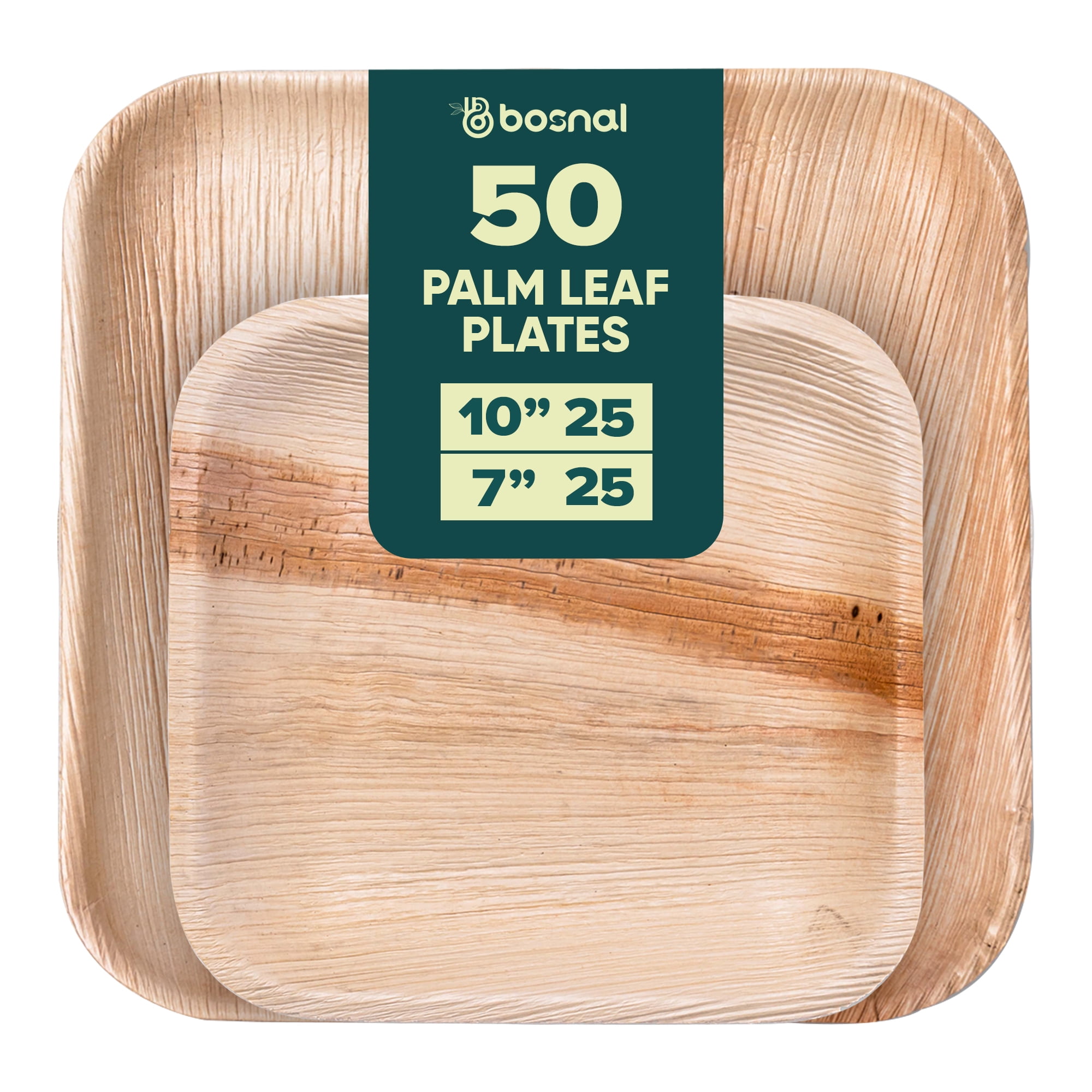 BOSNAL Square Plates Combo  50 pcs Set (25 each of 10" & 7" Plates), Bamboo-Wood Style, Durable