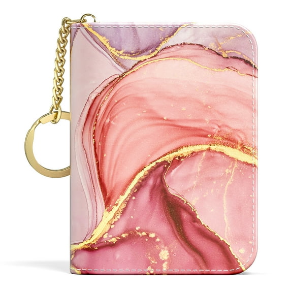 BOSOBO Small RFID Leather Card Holder with Zipper, Pink Marble
