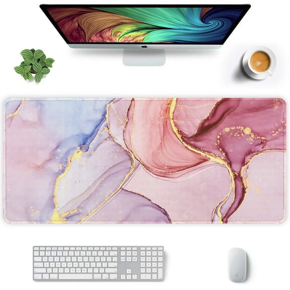 BOSOBO Large Mouse Pad, XXL Extended Gaming Mousepad, Waterproof Desk Pad with Stitched Edge, Non-Slip Laptop Computer Keyboard Mouse Mat for Office & Home, Pink Marble Design, 35.6 x 15.8 Inch