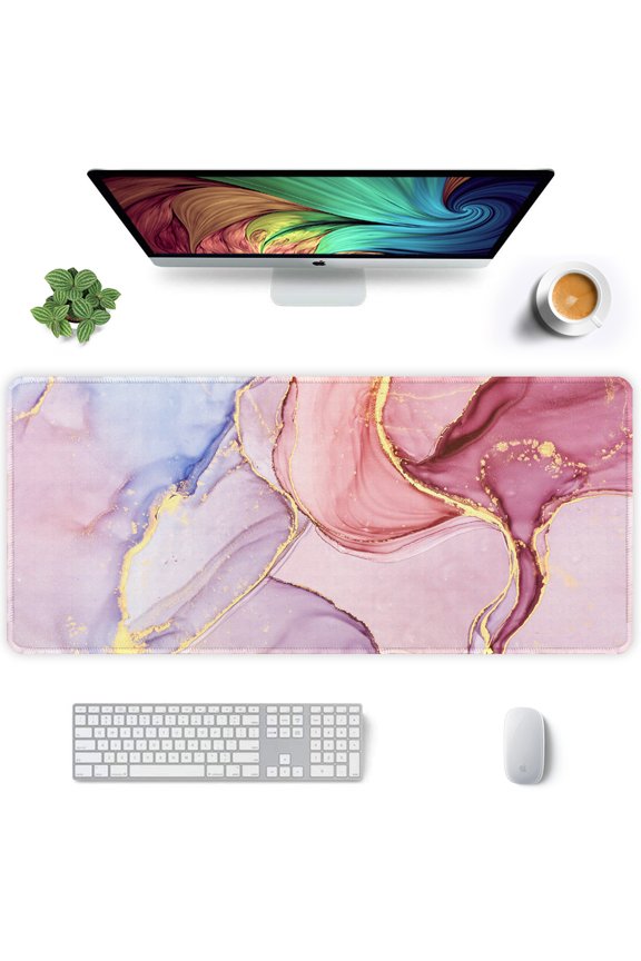 Large Mouse Pad, XXL Extended Gaming Mousepad, Waterproof Desk Pad with Stitched Edge, Non-Slip Laptop Computer Keyboard Mouse Mat for Office & Home, Pink Marble Design, 35.6 x 15.8 Inch