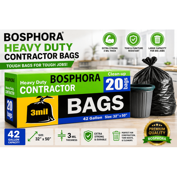 BOSPHORA Heavy Duty Contractor Bags, 3mil, 42 Gallon, 32" x 50", Set of 20