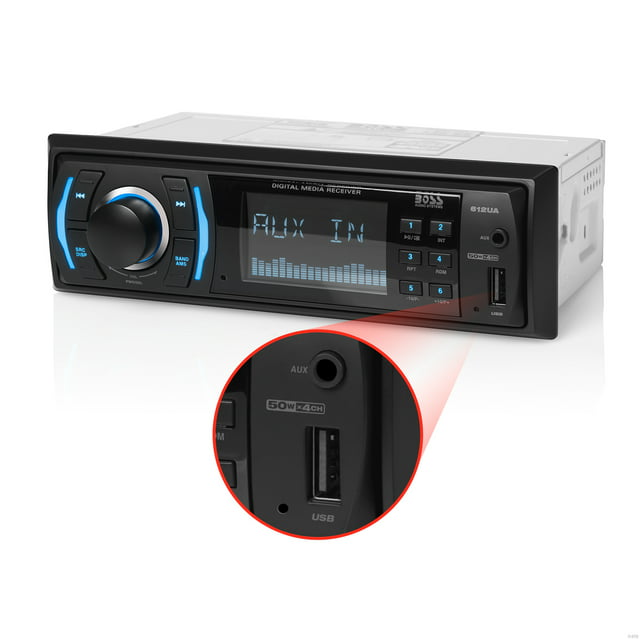 BOSS Audio Systems 612UA Car Audio Stereo System - Single Din, Aux Input, USB, Mechless, No CD DVD Player, MP3, AM/FM Radio Receiver Head Unit, Hook up to Amplifier