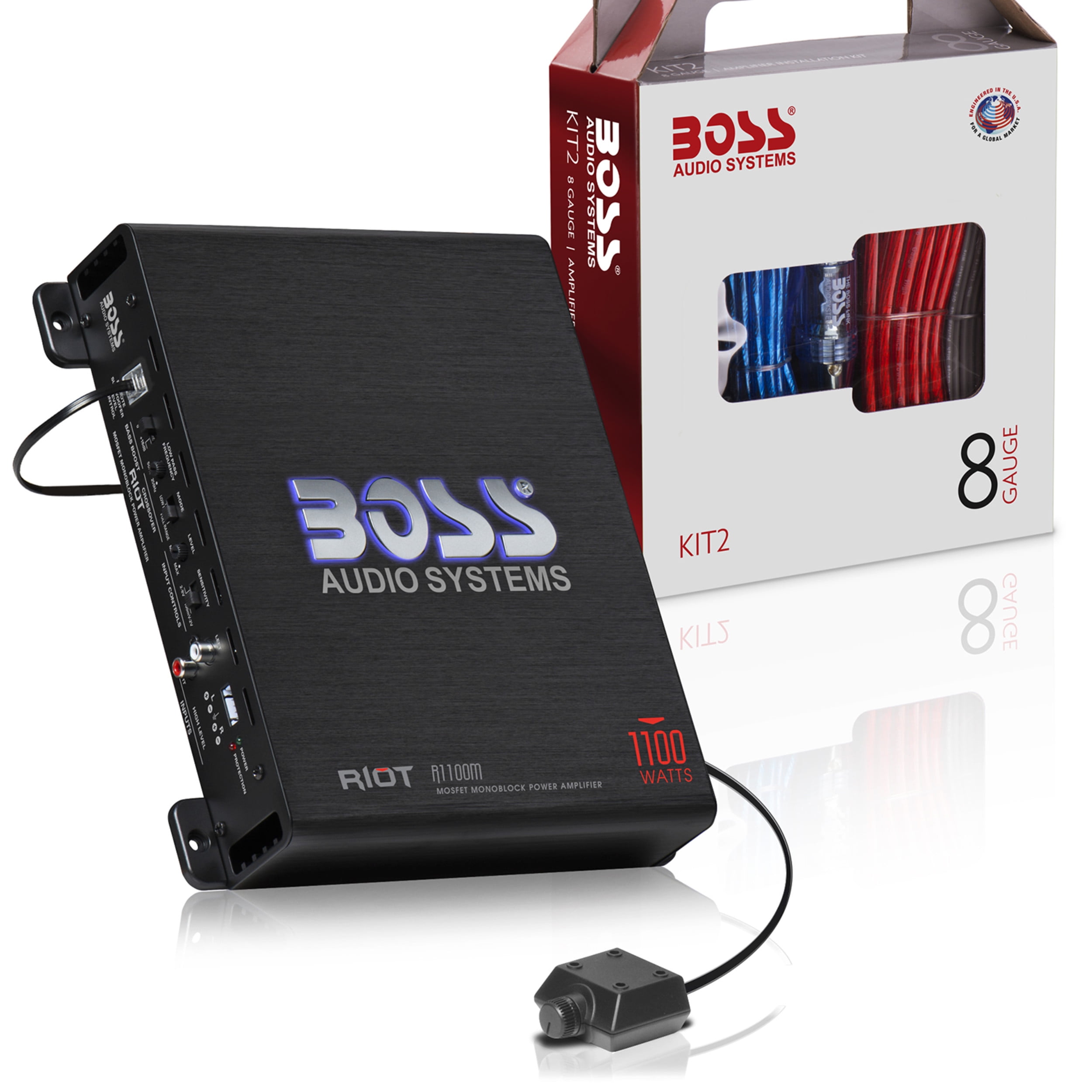 BOSS Audio Systems R1100MK Car Audio Subwoofer Amplifier and Gauge Wiring  Kit 1100 High Output, Monoblock, Class A/B, 2/4 Ohm, High/Low Level  Inputs, Low Pass Crossover, Mosfet Power, Stereo