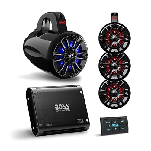 BOSS Audio Systems UNI4RGB Marine Boat Tower Speakers & 4-Channel Bluetooth Amplifier  IPX5 Weatherproof, 4" Full Range Speakers for ATV/UTV