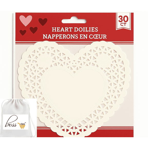 BOSS CLASS (30PCS) Heart Doilies 6 Inch White Paper Lace CUSTOM BAG Valentines Day Decorations Heart Shaped Paper Placemats Baking Crafts Dessert Display Party Decor