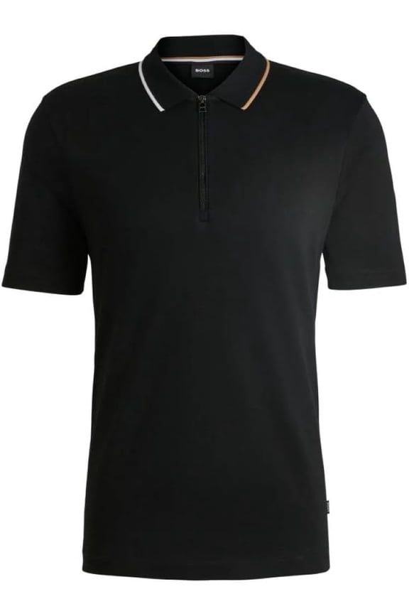Color Tipping Zipper Polo Shirt, Black Olive, L