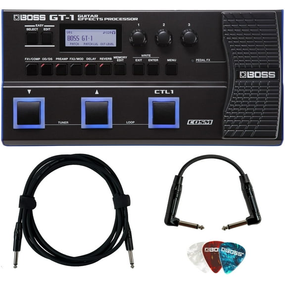 BOSS GT-1 Guitar Effects Processor Bundle with Gearlux Instrument & Patch Cable, and Picks