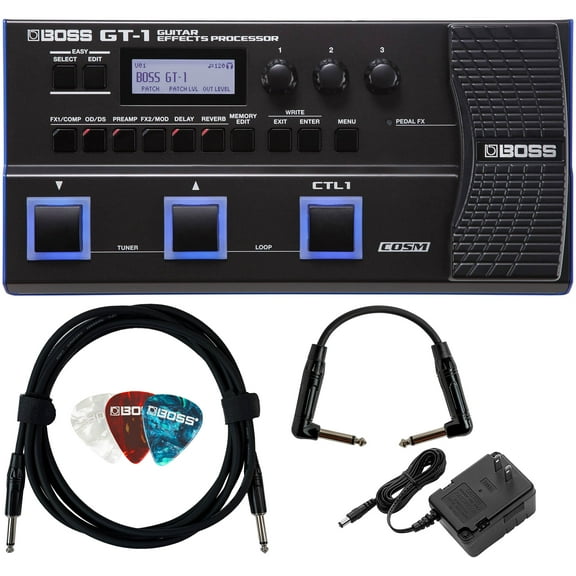 BOSS GT-1 Guitar Effects Processor Bundle with Gearlux Power Supply, Instrument & Patch Cable, and Picks