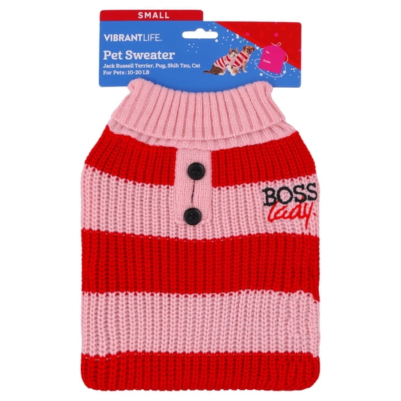 Vibrant Life Holiday Boss Lady Sweater for Dogs and Cats, Pink and Red, S