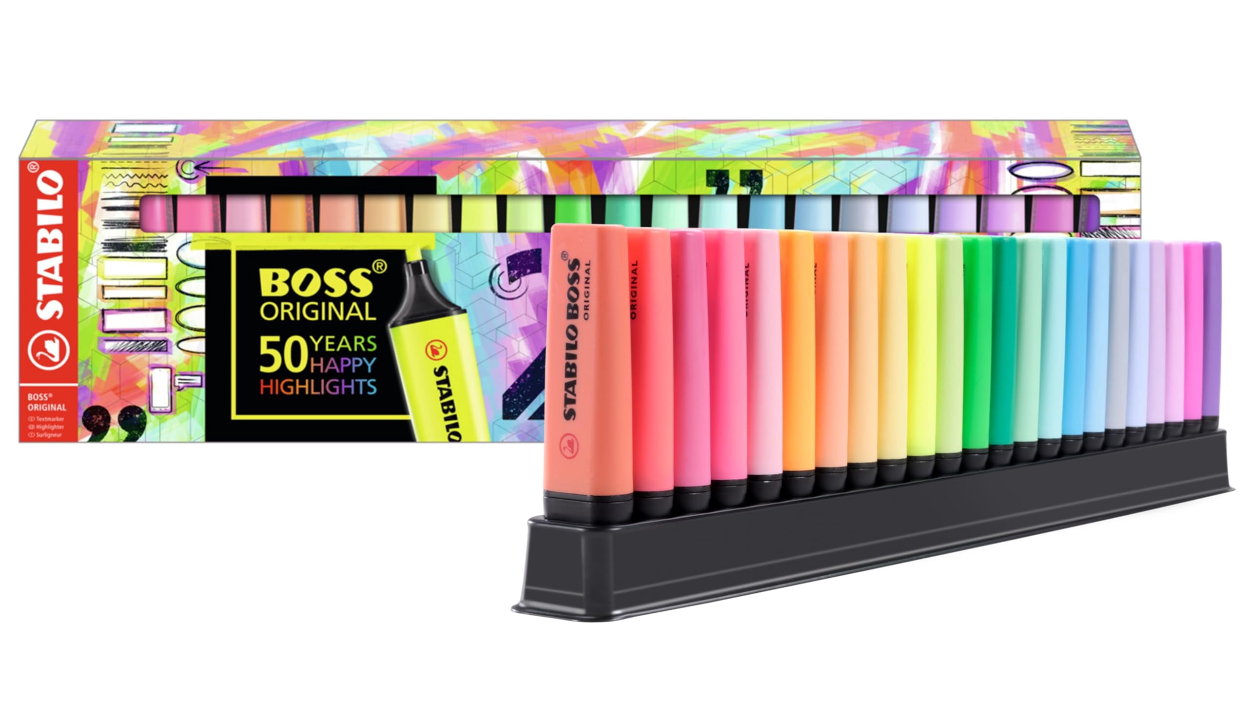 BOSS ORIGINAL Highlighter Markers Set, 37 Colors Fluorescent & Pastel, Anti-Dry Out 4 Hours, Wedge Tip for Text Underlining Notes, Multicolor