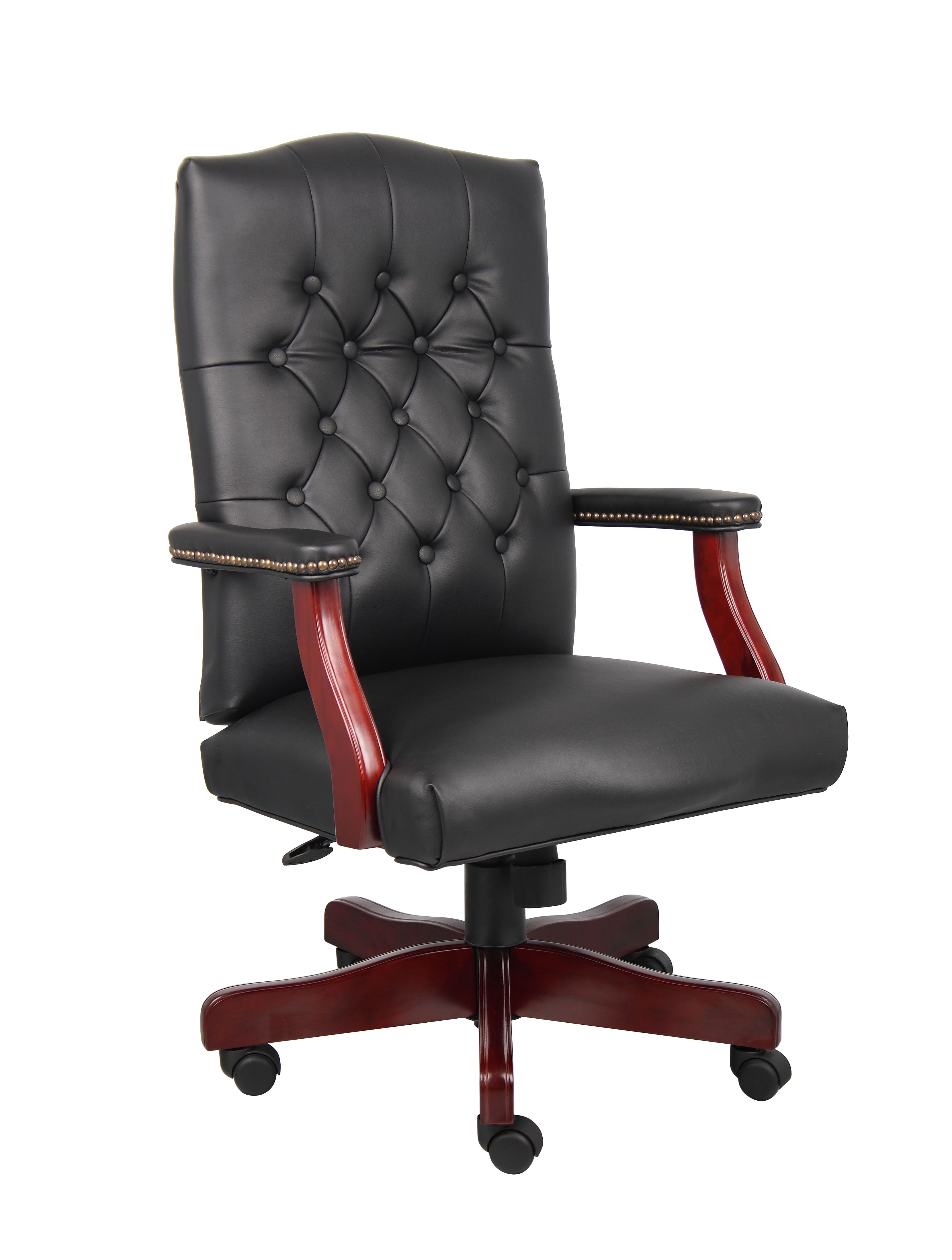 Classic Elegance High-Back Executive Chair in Black Leather and Mahogany