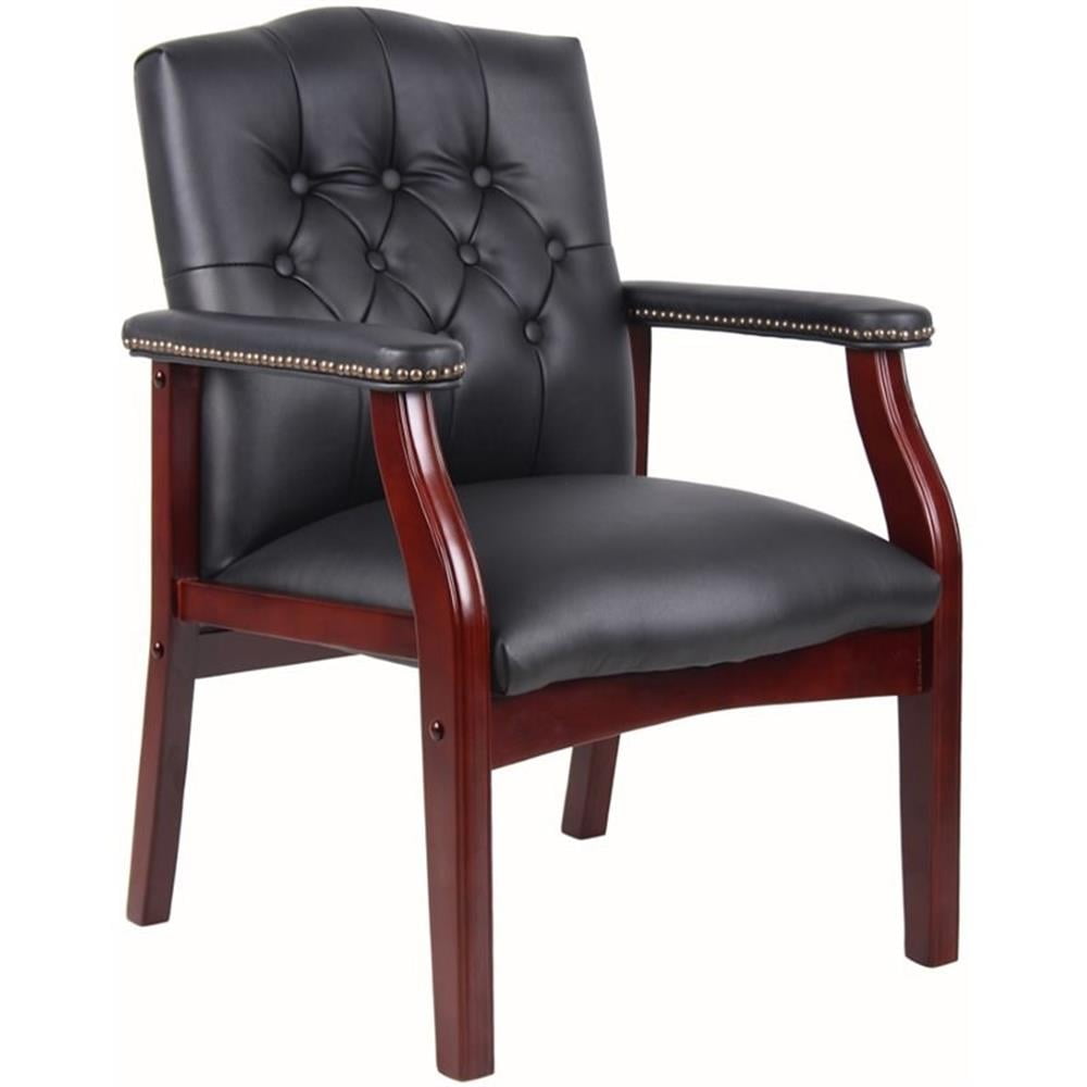 Classic Traditional Button Tufted Black Vinyl Guest Chair with Mahogany Wood Frame