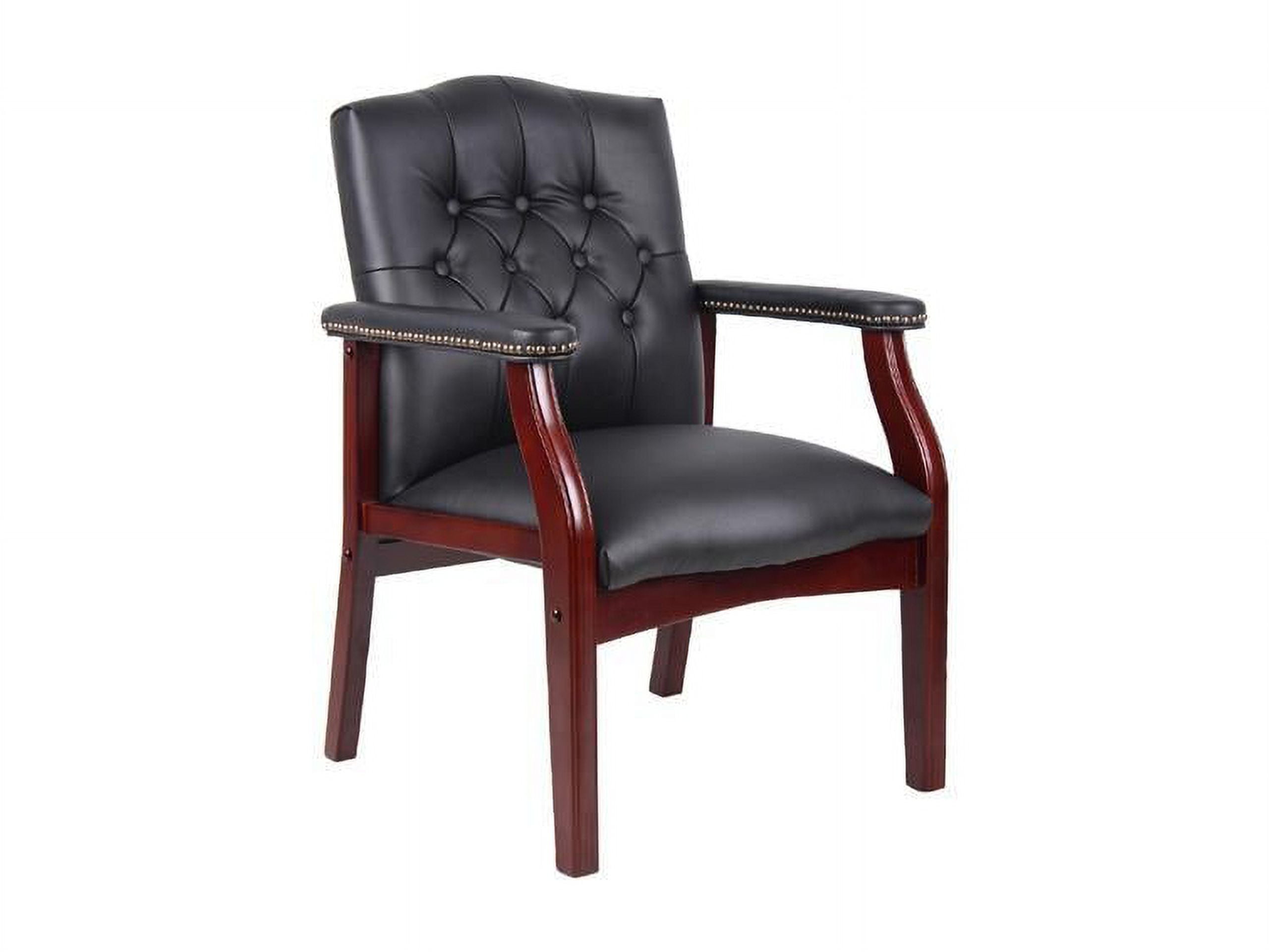 Classic Traditional Button Tufted Black Vinyl Guest Chair with Mahogany Wood Frame