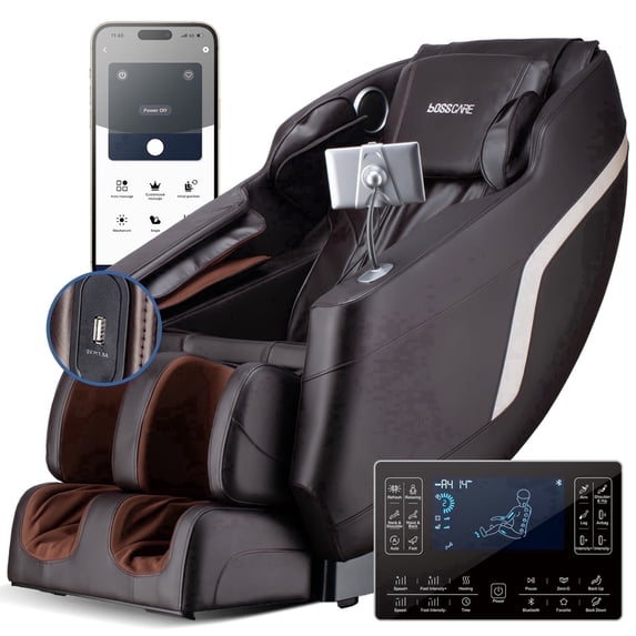 BOSSCARE Full Body Shiatsu Recliner Massage Chair Zero Gravity with USB and Heated, Brown