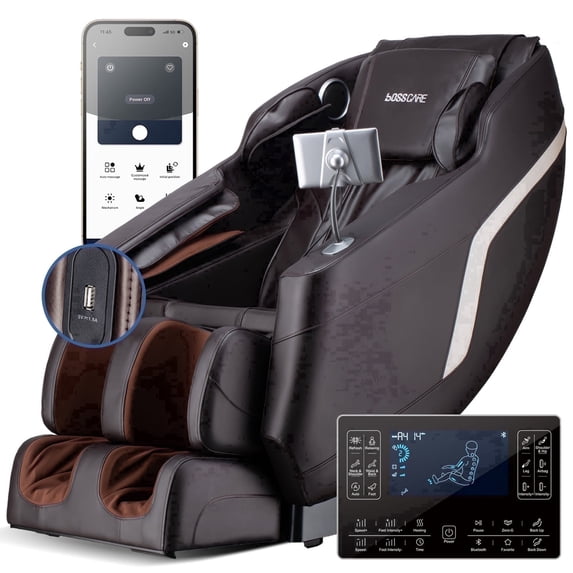 BOSSCARE Full Body Shiatsu Recliner Massage Chair Zero Gravity with USB and Heated, Brown