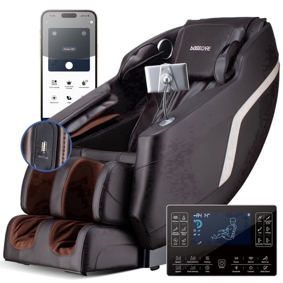 BOSSCARE Full Body Shiatsu Recliner Massage Chair Zero Gravity with USB and Heated, Brown